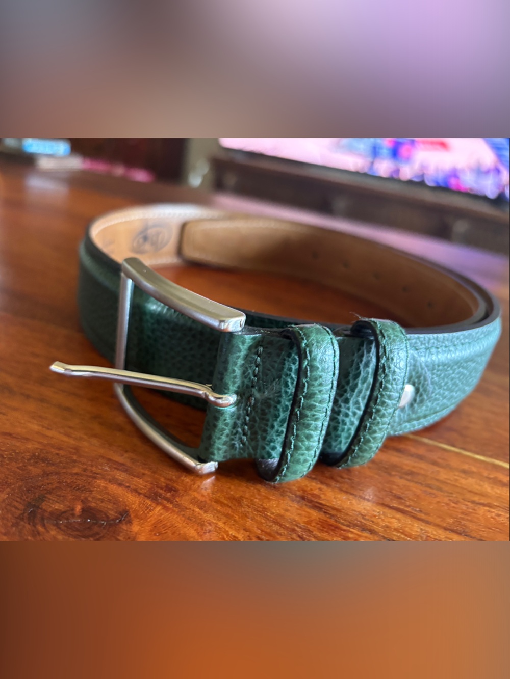 Uomo Green Leather Belt with Silver Buckle